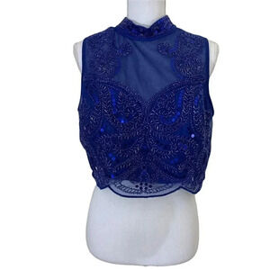 Prom Blue Beaded Crop Top with Keyhole Cutout in Back By Love Reign